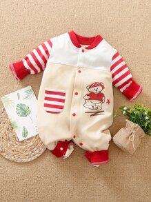 Yierying Baby Unisex Striped Cartoon Bear Graphic Jumpsuit - Multicolor - View 1