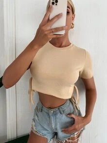 Drawstring Side Rib-knit Tee - Khaki - View 5