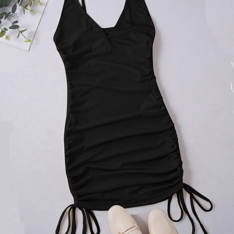 

Solid Drawstring Ruched Dress, Black