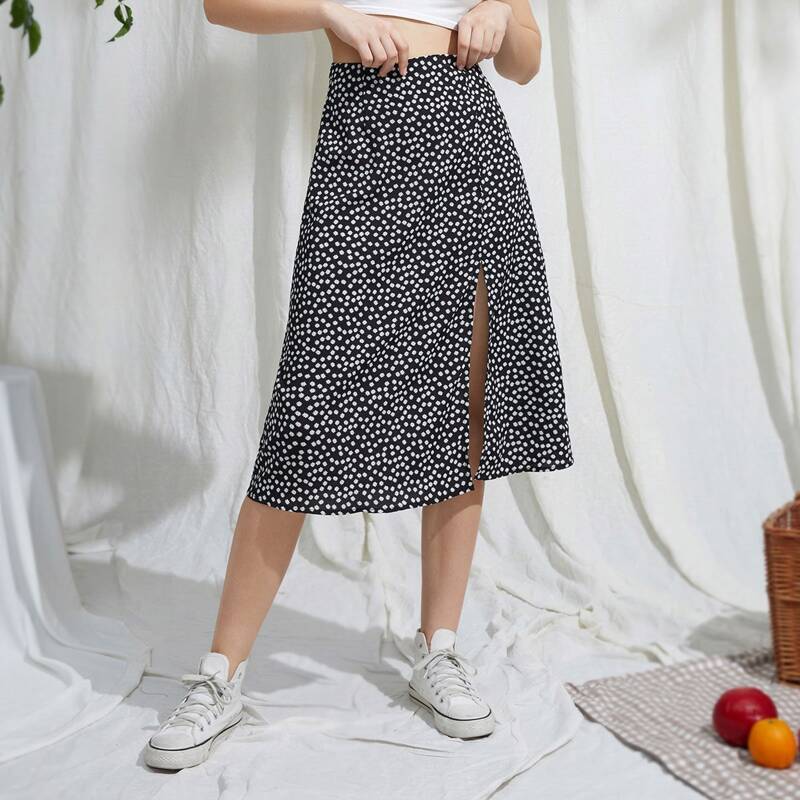 

Ditsy Floral Split Skirt, Black