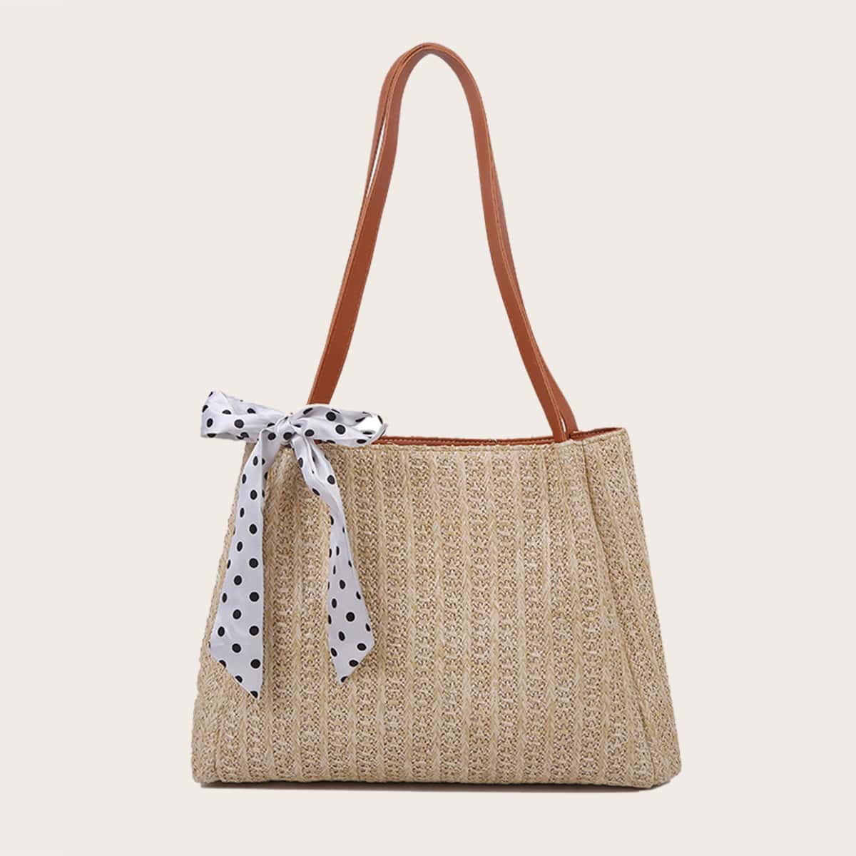 

Scarf Knot Straw Tote Bag, Khaki
