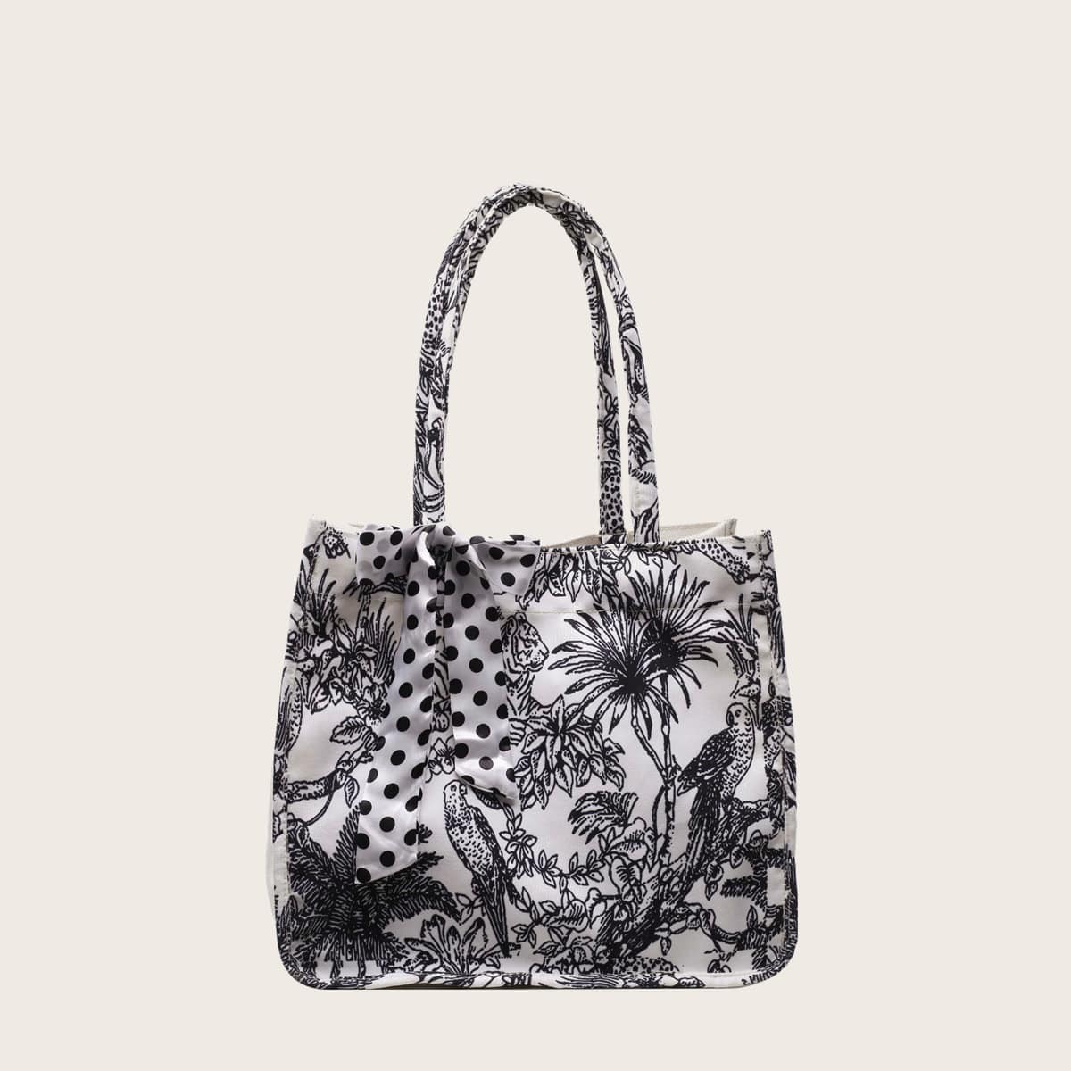 

Floral & Animal Tote Bag, Black and white