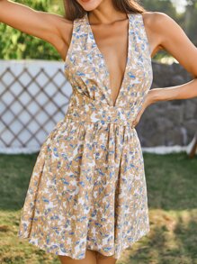 Double Crazy 滿版印花深V領綁結露背連衣裙 - 橘色 - 查看 1