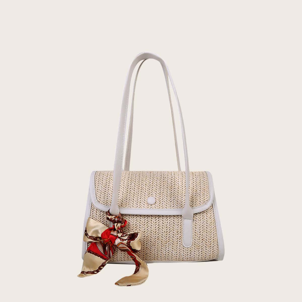 

Scarf Knot Straw Tote Bag, White