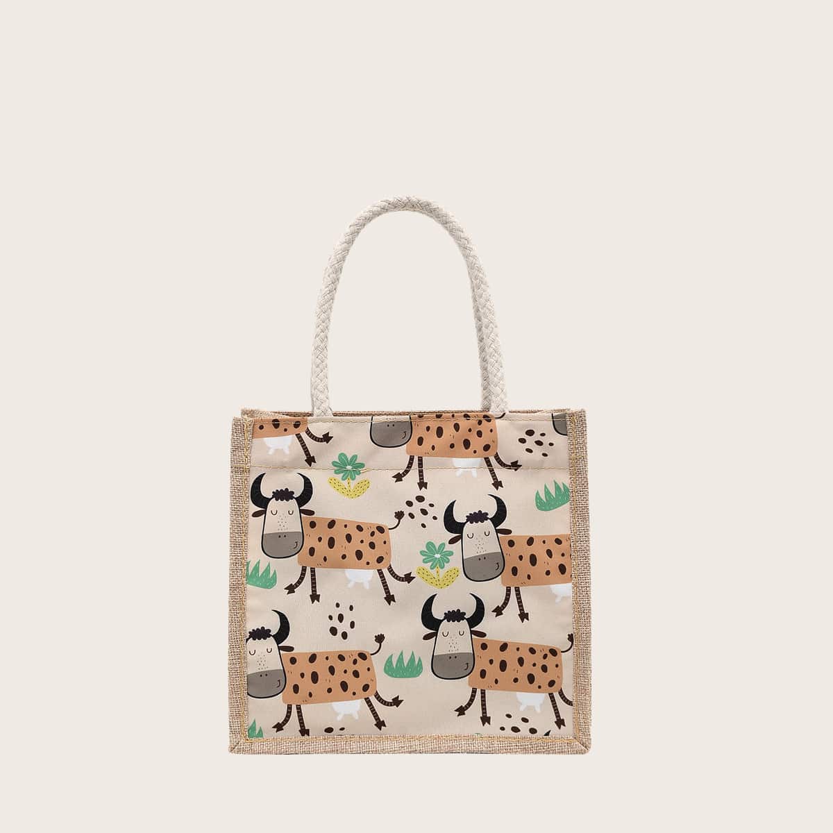 

Cartoon Cow Tote Bag, Khaki