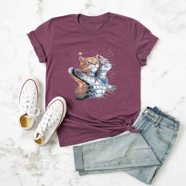 

Plus Cat & Galaxy Print Tee, Red violet