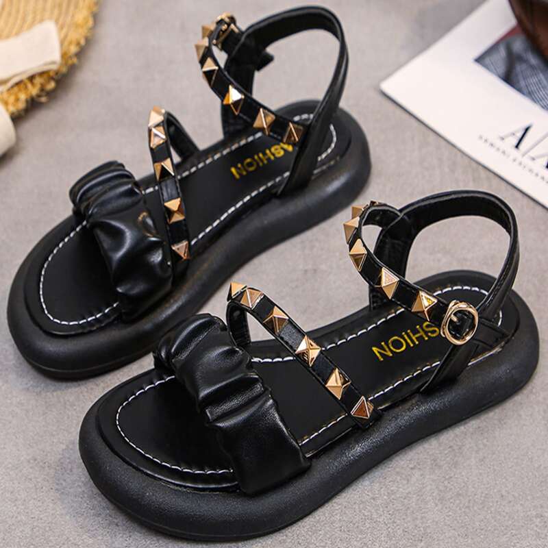 

Studded Ankle Strap Sandals, Black