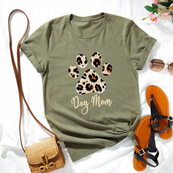 

Plus Letter & Leopard Print Tee, Army green