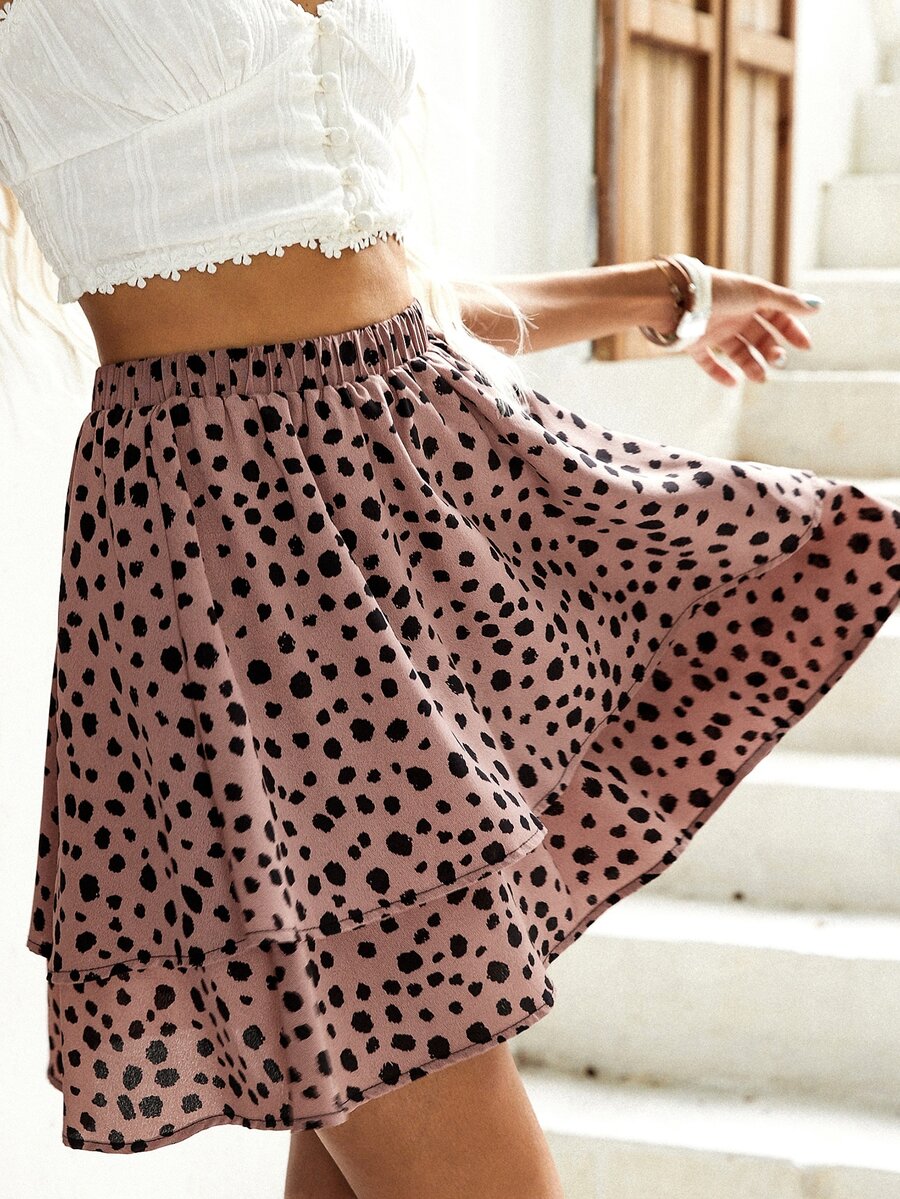 斑點圖案多層半身裙 - 藕粉色 - 查看 1