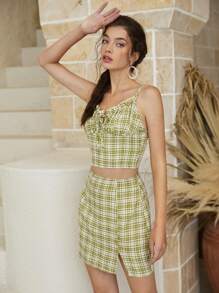 SHEIN Unity 抽褶格紋吊帶上衣和半身裙套裝