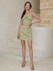 SHEIN Unity 抽褶格紋吊帶上衣和半身裙套裝