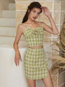 SHEIN Unity 抽褶格紋吊帶上衣和半身裙套裝