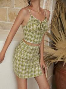 SHEIN Unity 抽褶格紋吊帶上衣和半身裙套裝