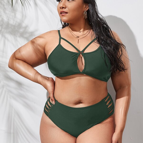 

Plus Cut-out Harness High Waisted Bikini Swimsuit, Army green