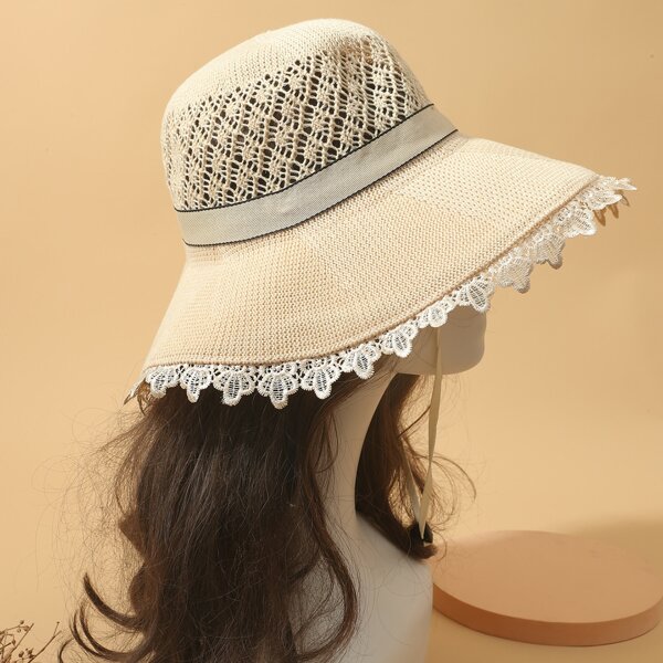 

Lace Trim Sun Protection Hat, Beige