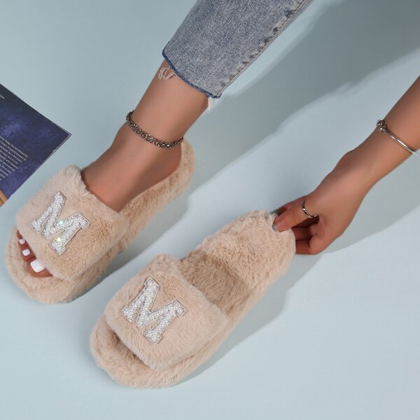 

Faux Pearl Beaded Letter Slippers, Khaki