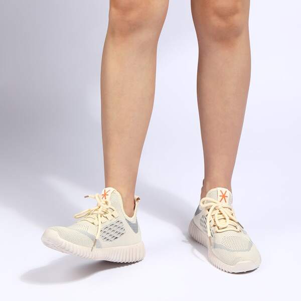 

Lace Up Decor Knit Running Shoes, Beige