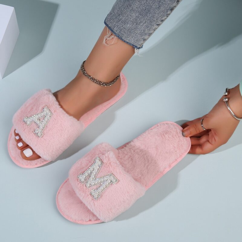 

Faux Pearl Beaded Letter Slippers, Pink