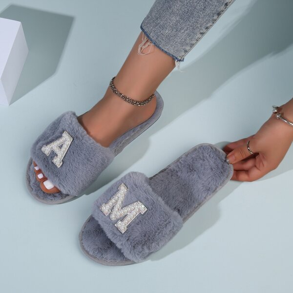 

Faux Pearl Beaded Letter Slippers, Grey