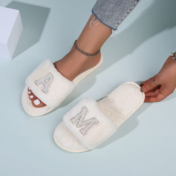 

Faux Pearl Beaded Letter Slippers, White