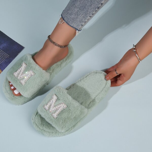 

Faux Pearl Beaded Letter Slippers, Green