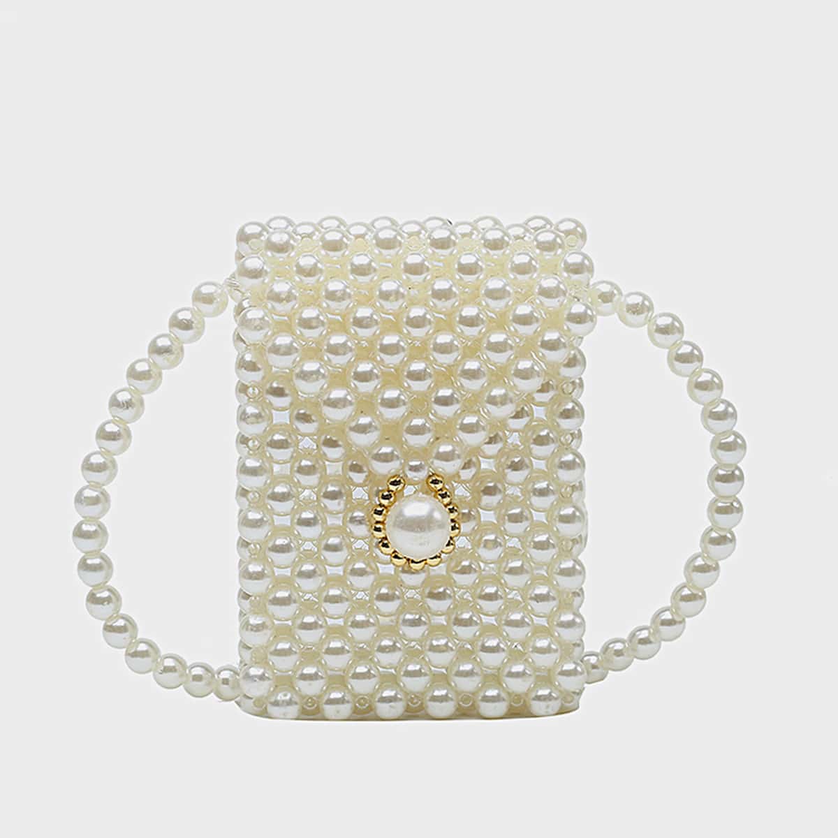 

Faux Pearl Beaded Crossbody Bag, Beige