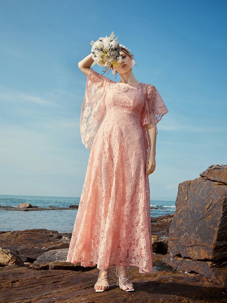 Butterfly Sleeve Lace A-line Dress - Coral Pink - View 1