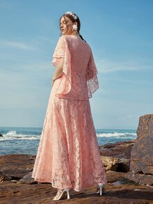 Butterfly Sleeve Lace A-line Dress - Coral Pink - View 2