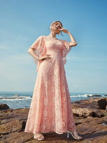 Butterfly Sleeve Lace A-line Dress - Coral Pink - View 3