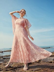 Butterfly Sleeve Lace A-line Dress - Coral Pink - View 5
