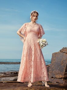 Butterfly Sleeve Lace A-line Dress - Coral Pink - View 6