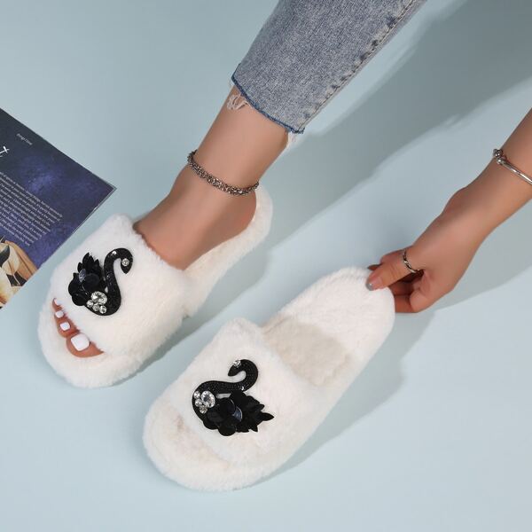 

Swan Patch Fluffy Slippers, Beige