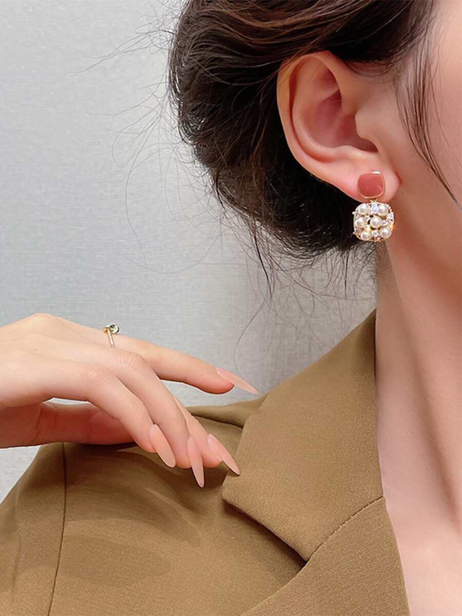 Rhinestone & Faux Pearl Decor Earrings - Multicolor - View 1