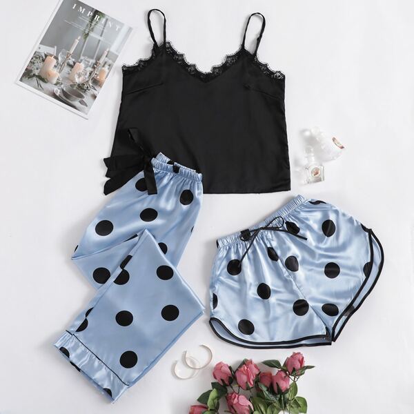 

3pcs Lace Trim Polka Dot Bow Detail Satin PJ Set, Baby blue