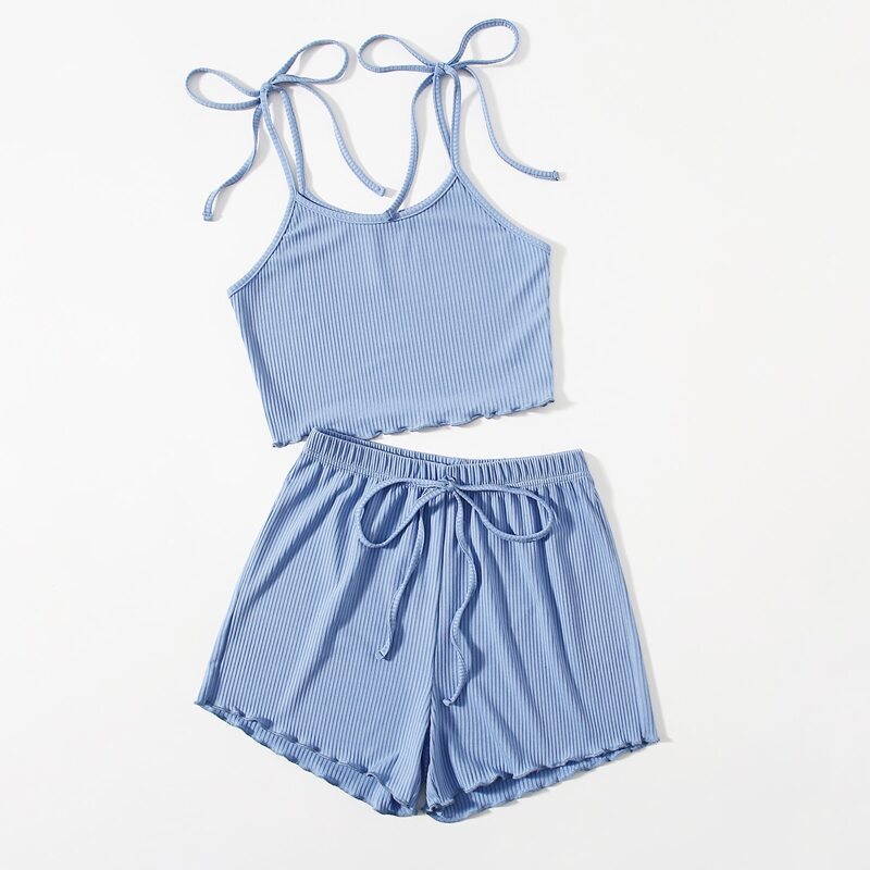 

Solid Tie Shoulder Ribbed Cami & Shorts, Blue