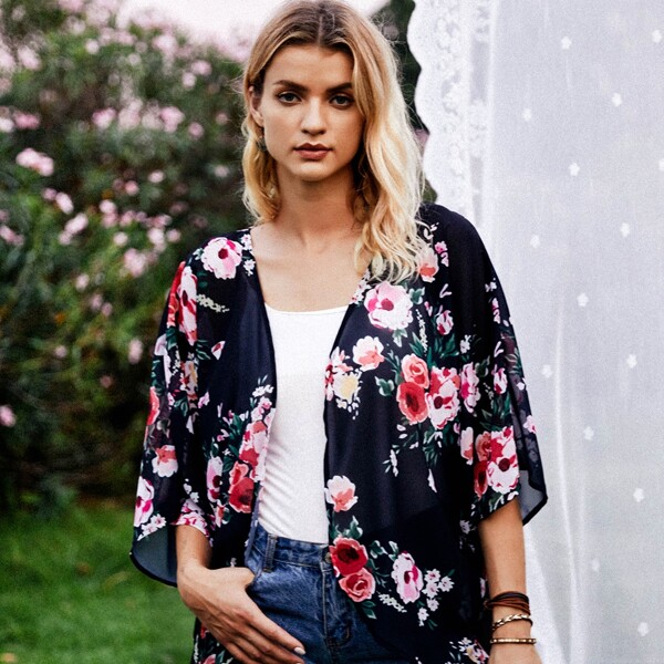 

Floral Print Open Front Kimono, Multicolor