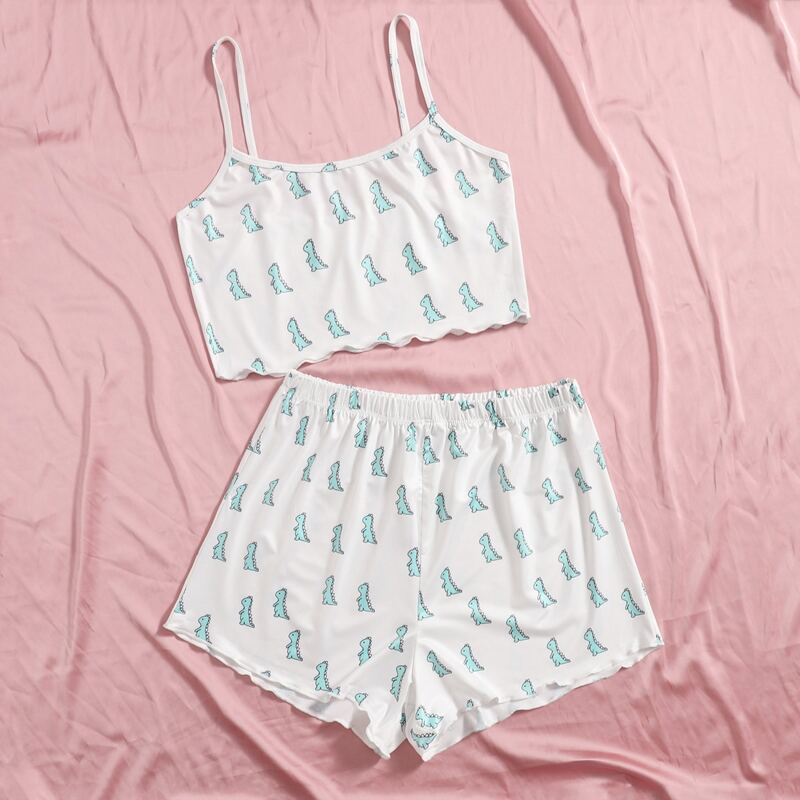 

Cartoon Dinosaur Print Lettuce Trim Pajama Set, Multicolor