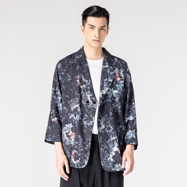

Men Floral Print Double Button Front Blazer, Black