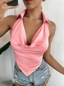 Solid Backless Draped Halter Top - Baby Pink - View 1