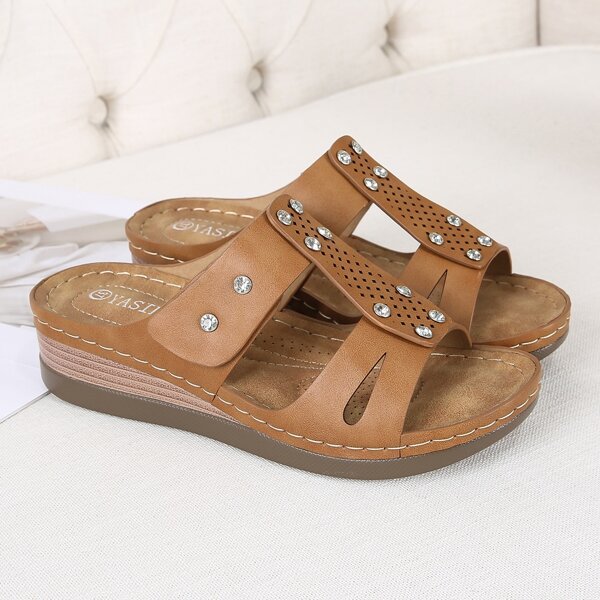 

Rhinestone Decor Hollow Out Flatform Mules, Brown