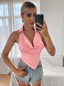 Solid Backless Draped Halter Top - Baby Pink - View 3
