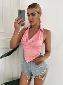 Solid Backless Draped Halter Top - Baby Pink - View 5