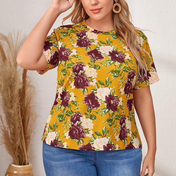 

Plus Floral Print Crew Neck Tee, Yellow