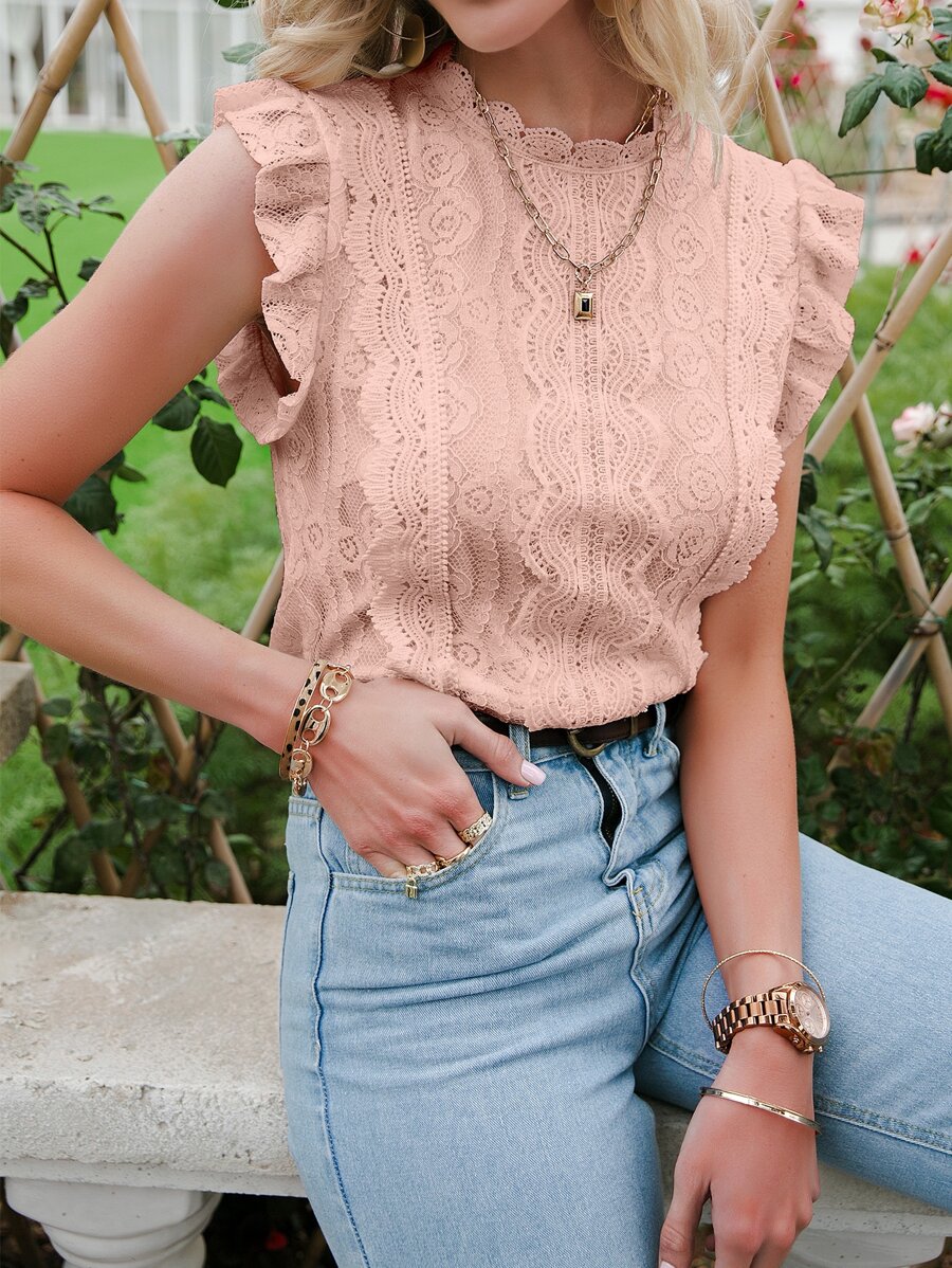 Simplee Casual Stand Collar Lace Trim Solid Ruffle Trim Top, Spring/Summer Blouse - Dusty Pink - View 1