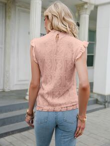 Simplee Casual Stand Collar Lace Trim Solid Ruffle Trim Top, Spring/Summer Blouse - Dusty Pink - View 2