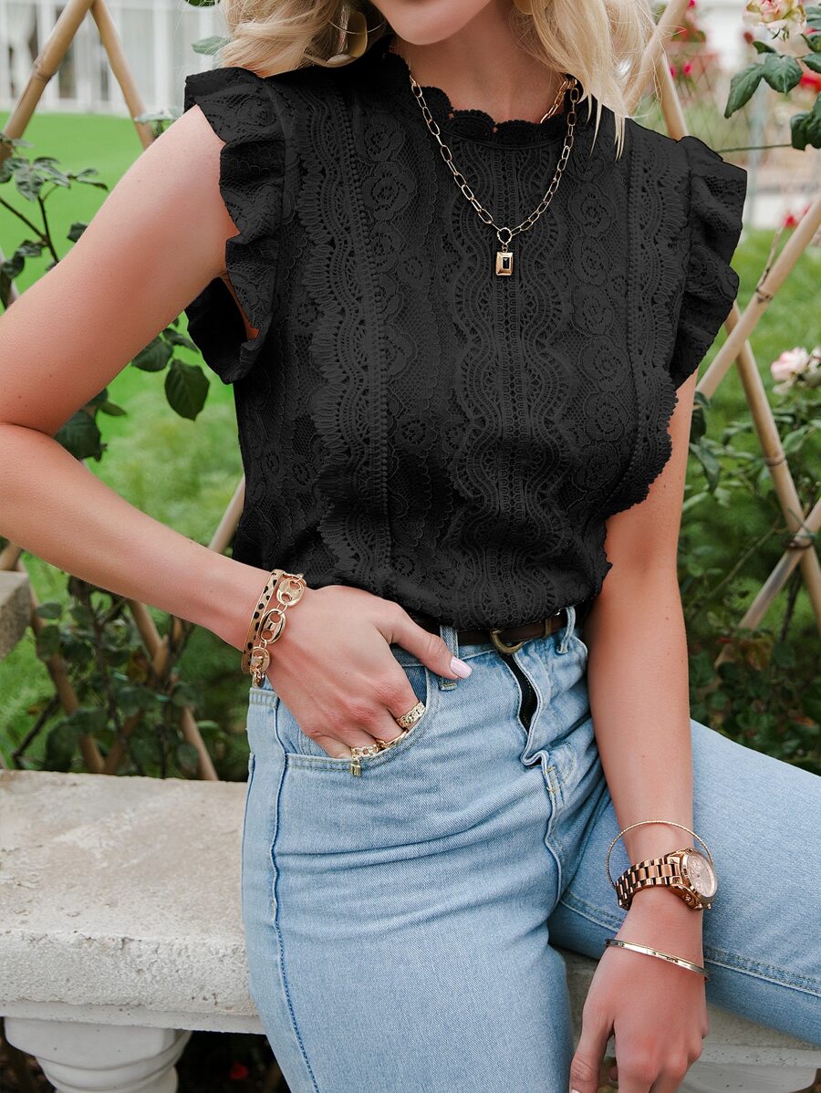 Simplee Casual Stand Collar Shell Trim Lace Solid Ruffle Trim Blouse, Spring/Summer Top - Black - View 1