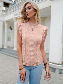 Simplee Casual Stand Collar Lace Trim Solid Ruffle Trim Top, Spring/Summer Blouse - Dusty Pink - View 4