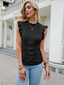 Simplee Casual Stand Collar Shell Trim Lace Solid Ruffle Trim Blouse, Spring/Summer Top - Black - View 4