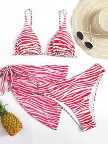 Plus Size 3packs Zebra Stripe Bikini Set With Beach Skirt Summer Beach - Red and White - View 1