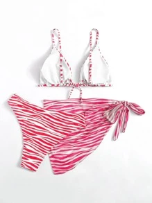 Plus Size 3packs Zebra Stripe Bikini Set With Beach Skirt Summer Beach - Red and White - View 2